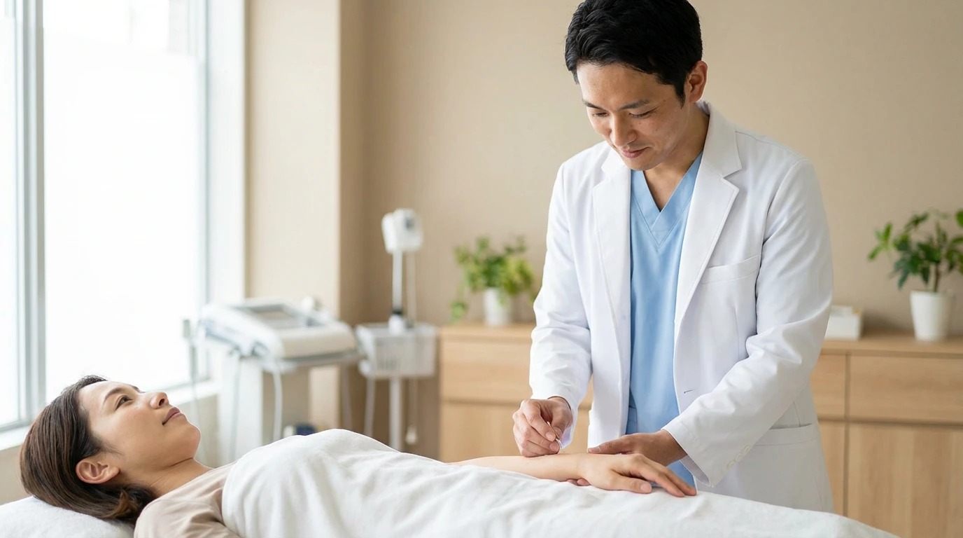 Acupuncture therapist performing traditional needle treatment on patient