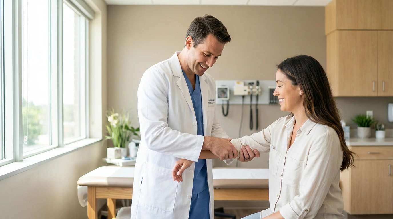 Chiropractor performing extremity adjustment on patient
